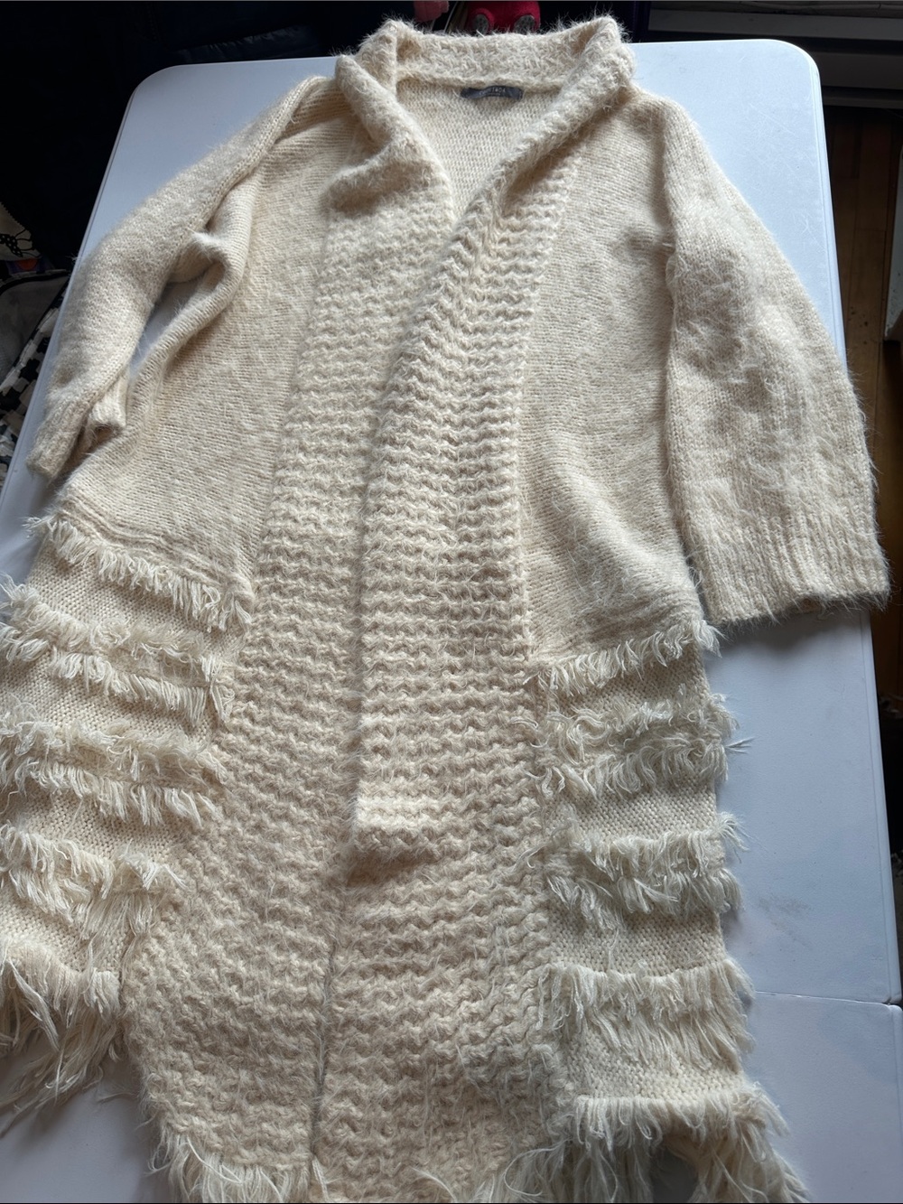Women’s Cream Fringe Open-Front Sweater Cardigan